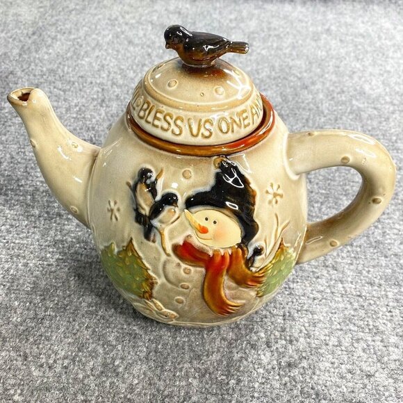 "Bless Us One and All" Holiday Tea Pot With Snowman And Birds‎ Original Box - Picture 1 of 15